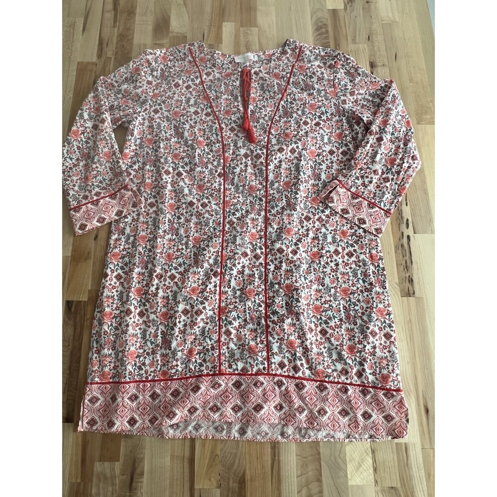 Marabelle 3/4 Sleeve Floral Tunic Mini Dress 100% Cotton Orange Red Boho S
